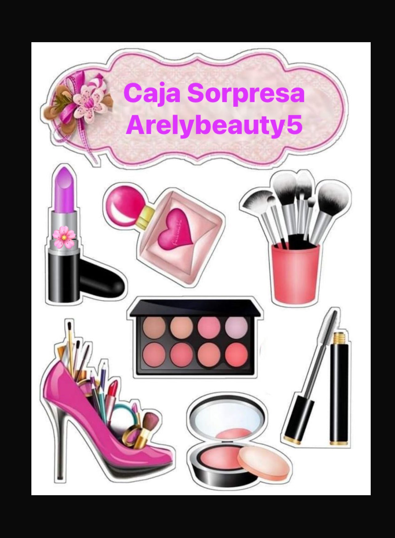 Box with 6 products: Cosmetics collection that may include lip gloss, accessories, eyeshadow, mascara, skin care and more.