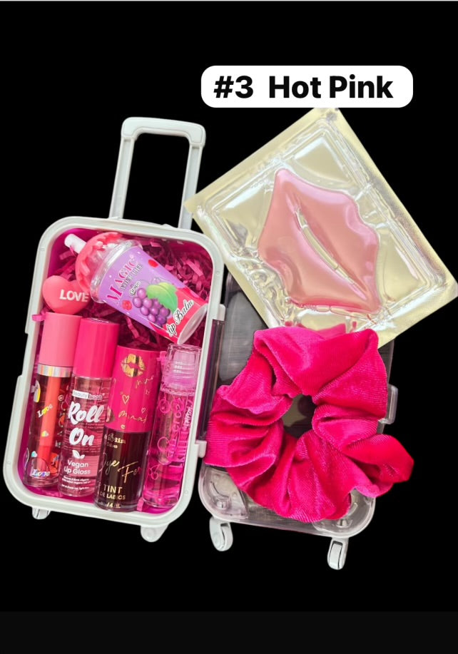 Mini Suitcase Lip Glos Bundle ( lip oil, lip gloss, lip balm + scrunchie + random hydrating lip mask ).