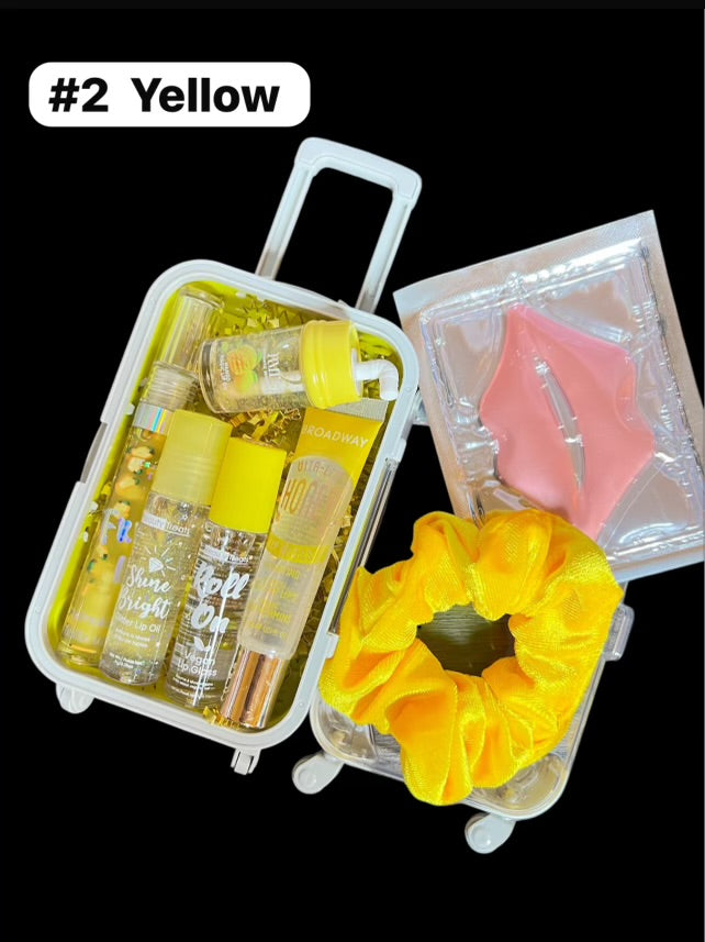 Mini Suitcase Lip Glos Bundle ( lip oil, lip gloss, lip balm + scrunchie + random hydrating lip mask ).
