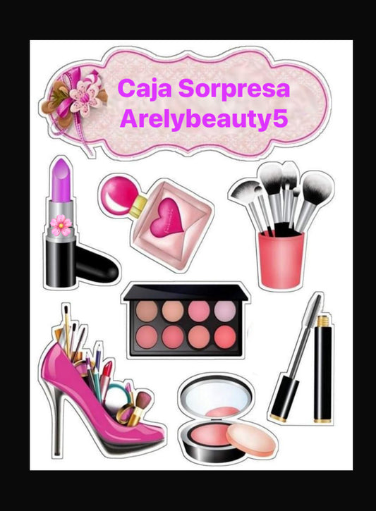 Box with 6 products: Cosmetics collection that may include lip gloss, accessories, eyeshadow, mascara, skin care and more.