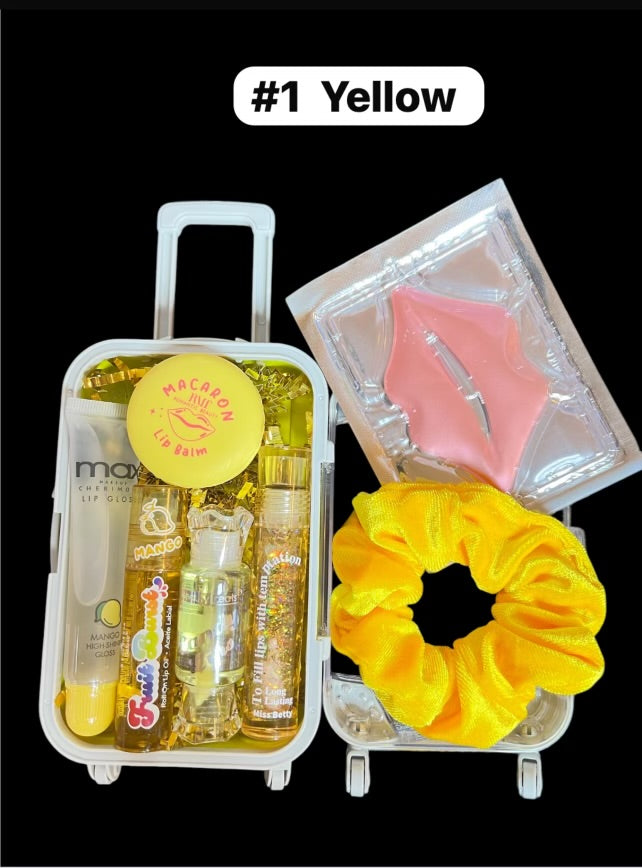Mini Suitcase  Lip Glos Bundle ( lip oil, lip gloss, lip balm + scrunchie + random hydrating lip mask ).