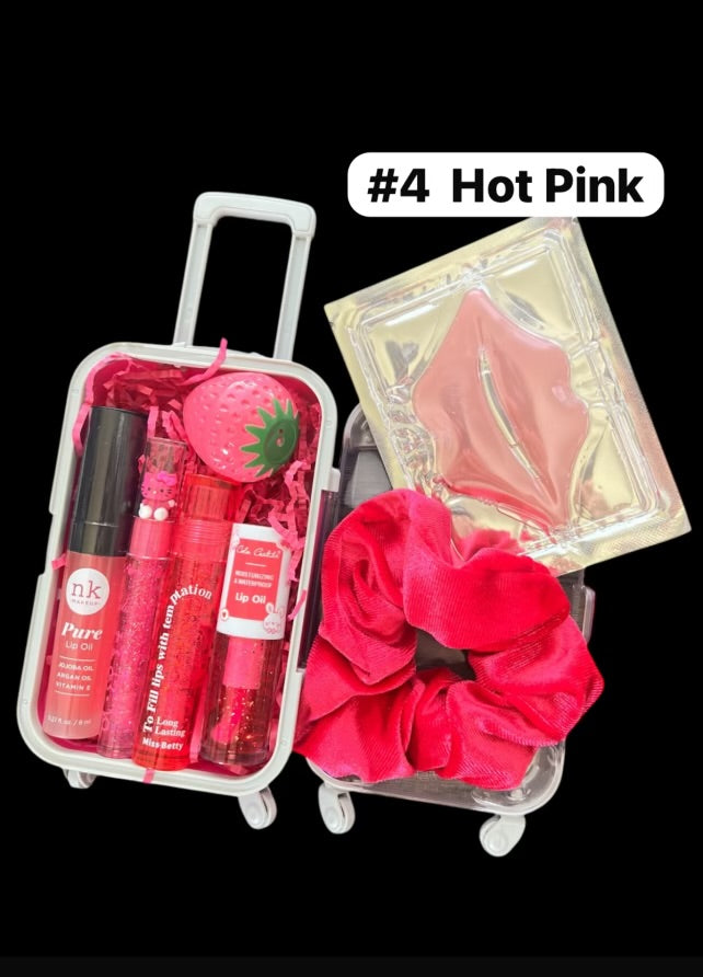 Mini Suitcase  Lip Glos Bundle ( lip oil, lip gloss, lip balm + scrunchie + random hydrating lip mask ).