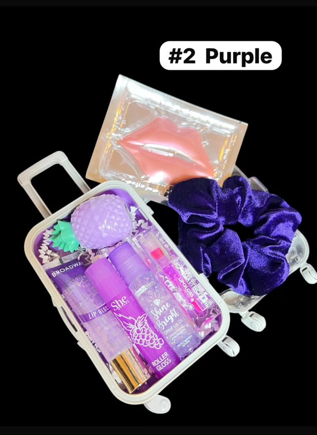Mini Suitcase  Lip Glos Bundle ( lip oil, lip gloss, lip balm + scrunchie + random hydrating lip mask ).