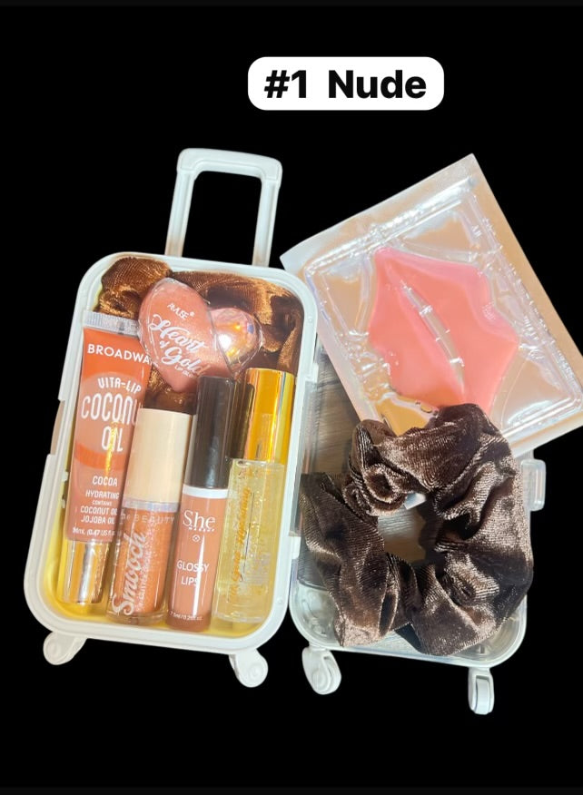 Mini Suitcase  Lip Glos Bundle ( lip oil, lip gloss, lip balm + scrunchie + random hydrating lip mask ).