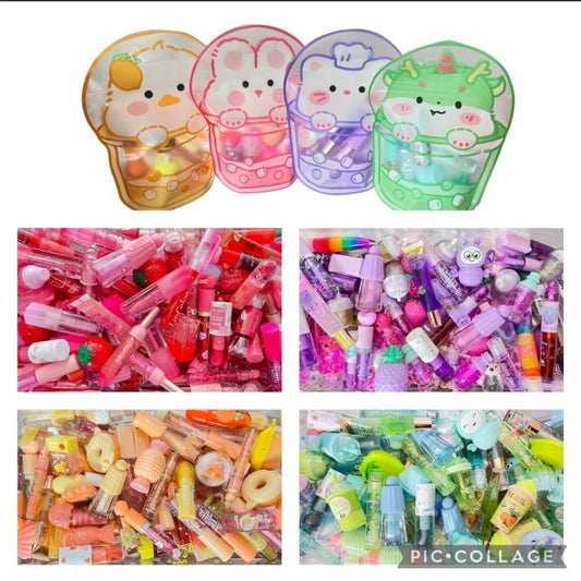 Lippie Bag Kawaii - 7 Beautiful Lipsticks in 4 Colorful Design, Reusable Zipper Bag with Balms,Glosses, Dyes & More.