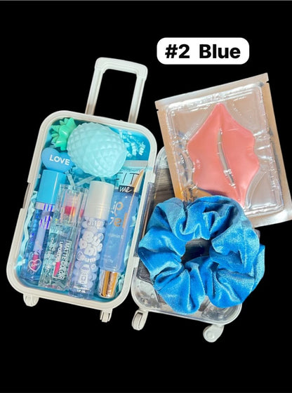 Mini Suitcase  Lip Glos Bundle ( lip oil, lip gloss, lip balm + scrunchie + random hydrating lip mask ).