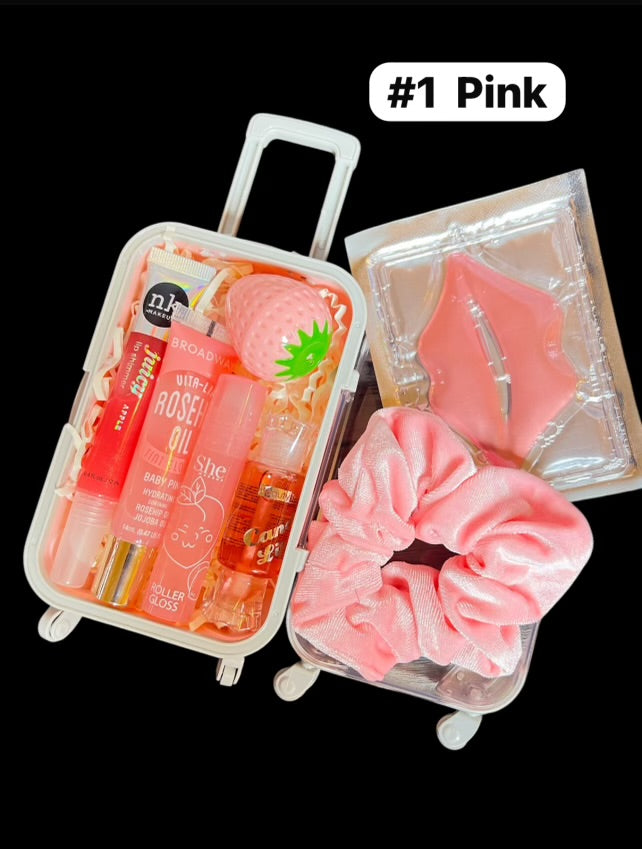Mini Suitcase  Lip Glos Bundle ( lip oil, lip gloss, lip balm + scrunchie + random hydrating lip mask ).
