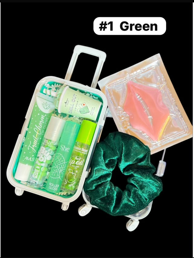 Mini Suitcase  Lip Glos Bundle ( lip oil, lip gloss, lip balm + scrunchie + random hydrating lip mask ).