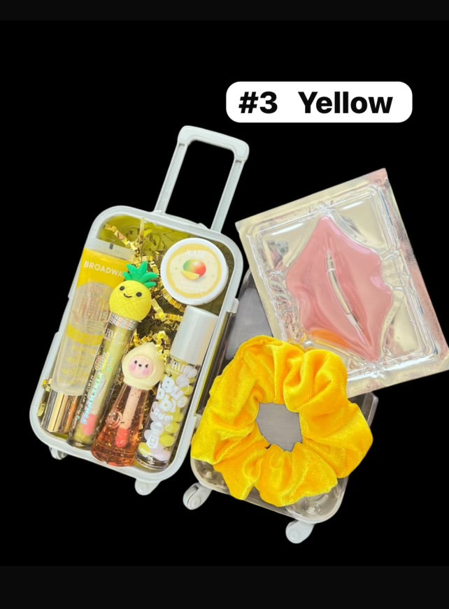 Mini Suitcase  Lip Glos Bundle ( lip oil, lip gloss, lip balm + scrunchie + random hydrating lip mask ).