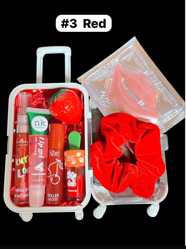 Mini Suitcase  Lip Glos Bundle ( lip oil, lip gloss, lip balm + scrunchie + random hydrating lip mask ).