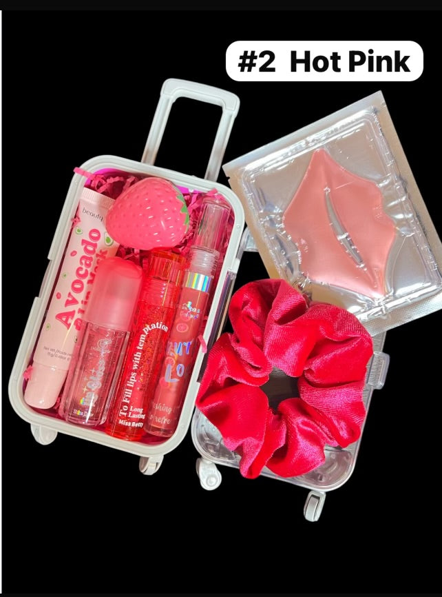 Mini Suitcase  Lip Glos Bundle ( lip oil, lip gloss, lip balm + scrunchie + random hydrating lip mask ).