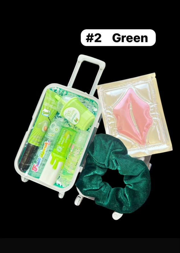 Mini Suitcase  Lip Glos Bundle ( lip oil, lip gloss, lip balm + scrunchie + random hydrating lip mask ).