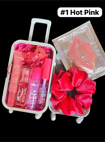 Mini Suitcase  Lip Glos Bundle ( lip oil, lip gloss, lip balm + scrunchie + random hydrating lip mask ).