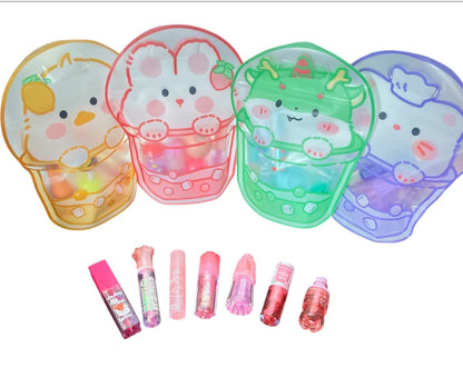 Lippie Bag Kawaii - 7 Beautiful Lipsticks in 4 Colorful Design, Reusable Zipper Bag with Balms,Glosses, Dyes & More.