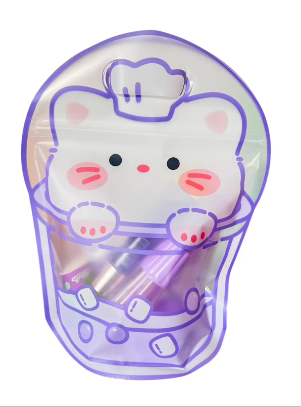 Lippie Bag Kawaii - 7 Beautiful Lipsticks in 4 Colorful Design, Reusable Zipper Bag with Balms,Glosses, Dyes & More.