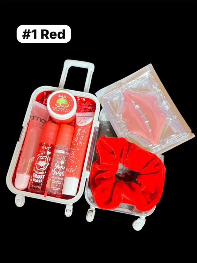 Mini Suitcase  Lip Glos Bundle ( lip oil, lip gloss, lip balm + scrunchie + random hydrating lip mask ).