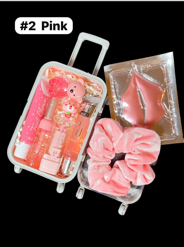 Mini Suitcase  Lip Glos Bundle ( lip oil, lip gloss, lip balm + scrunchie + random hydrating lip mask ).