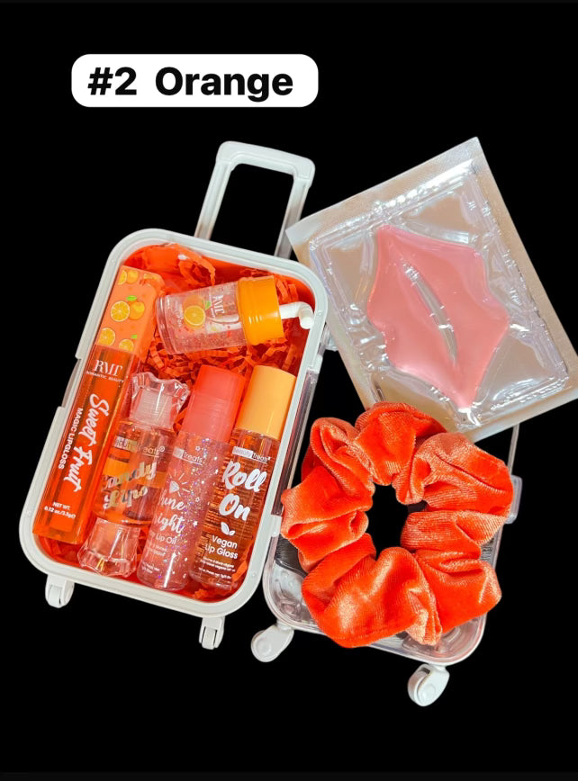 Mini Suitcase  Lip Glos Bundle ( lip oil, lip gloss, lip balm + scrunchie + random hydrating lip mask ).